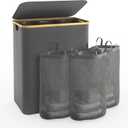 Laundry Hamper with Lid, 145L Extra Large Hamper 3 Section Dirty Clothes Hampers for Divided Basket Organizer for Bedroom, Laundry Room, Grey