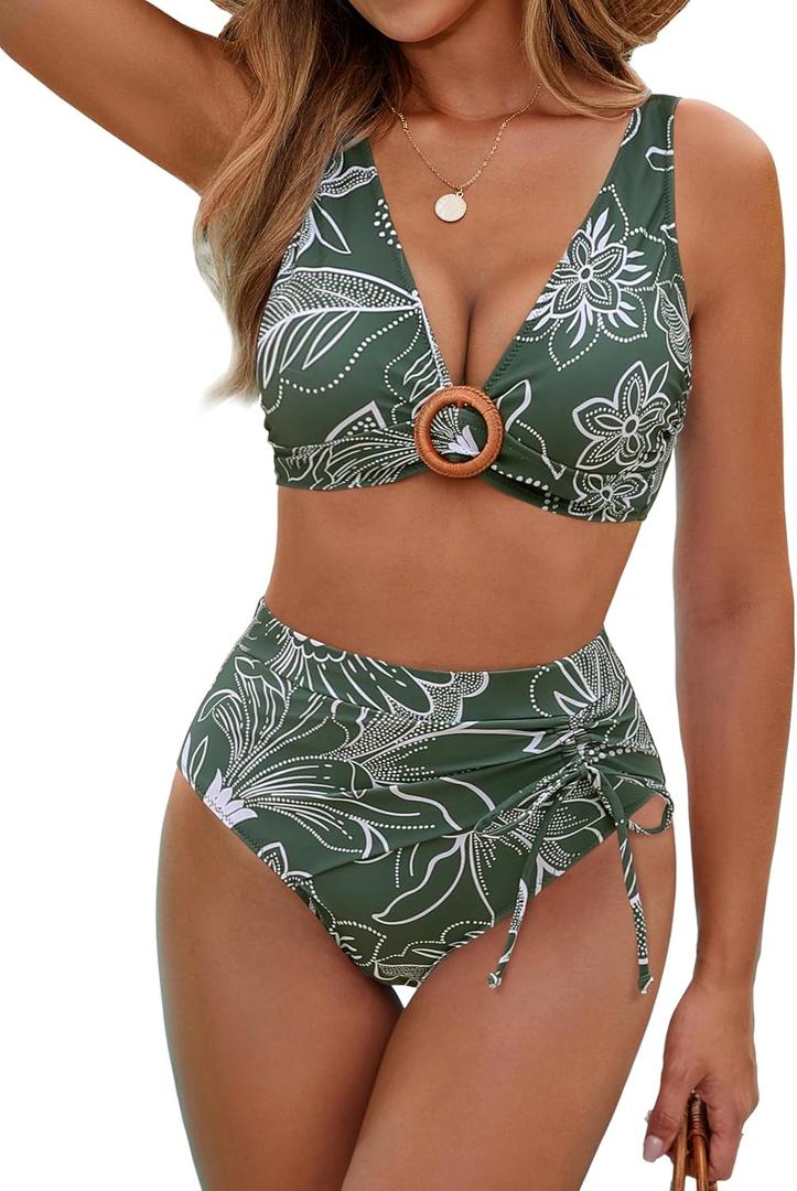 BMJL Womens High Waisted Bikini Sets Floral Two Piece Swimsuits V Neck Tummy Control Bathing Suits (Large)