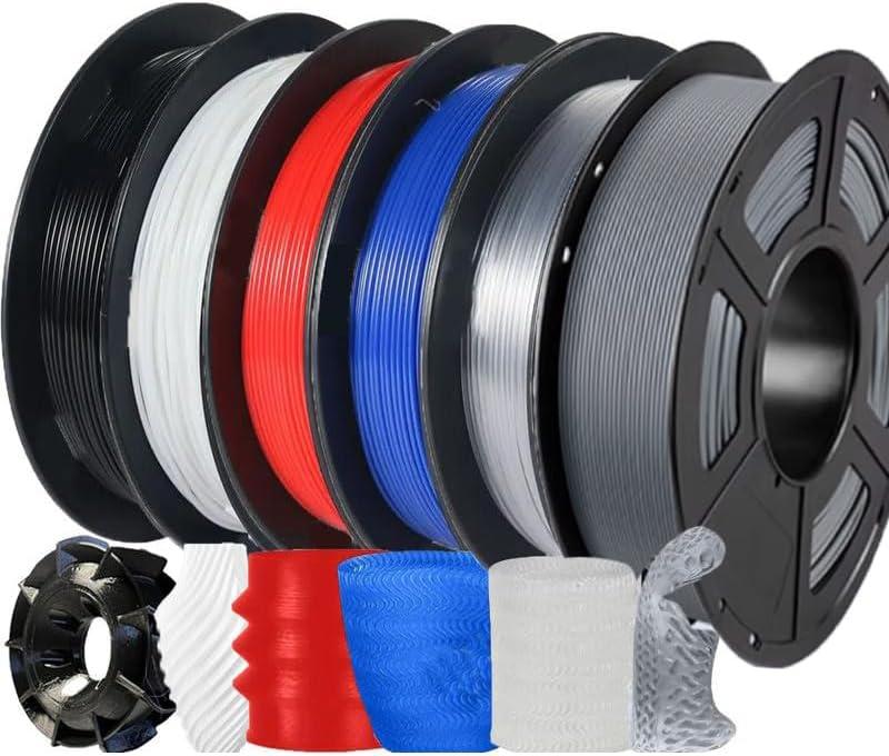 TPU 3D Printer Filament Bundle 1.75mm Filajoy3D 95A Flexible Soft TPU 3D Printing Filament 6 Pack 250g Dimensional Accuracy +/- 0.03mm for Most FDM 3D Printers Black White Gray Red Blue Transparent