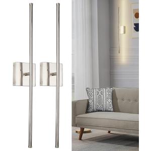 Battery Operated Wall Sconce Set of 2, 10000mAh Rechargeable Wall Light with Remote Control, Dimmable LED Lighting Fixture, Modern Long Line Wireless Light for Bedroom Living Room,Nickel