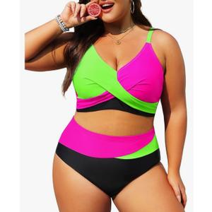 Plus Size Two Piece Swimsuit - Women High Waisted Bikini Set Tummy Control Bathing Suits, 12W