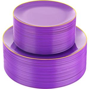 PULOTE 100PCS Purple Plastic Plates - Disposable Purple and Gold Plates Include 50 Dinner Plates 10.25 Inch and 50 Dessert Plates 7.5 Inch for Party&Birthday