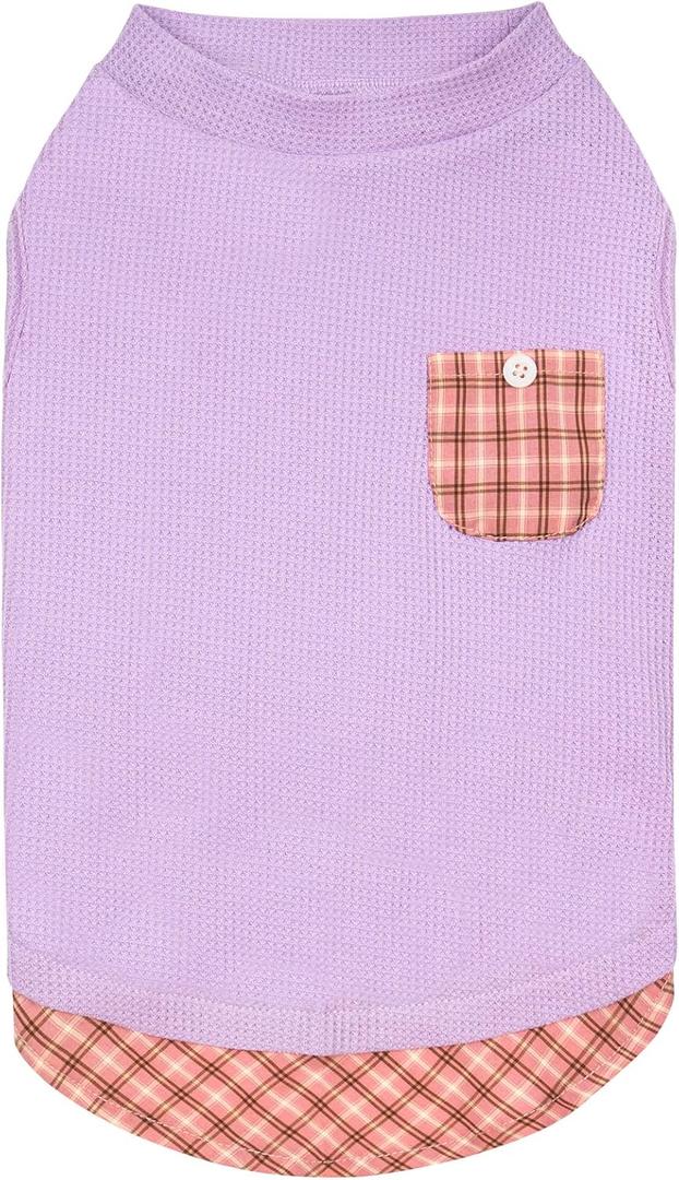 KYEESE Waffle Dog Shirts for Small Dogs Soft Breathable T-Shirts Lightweight Sleeveless Pet Vest Stretchy Puppy Clothes with Pocket Decoration and Plaid Patchwork Design, Medium