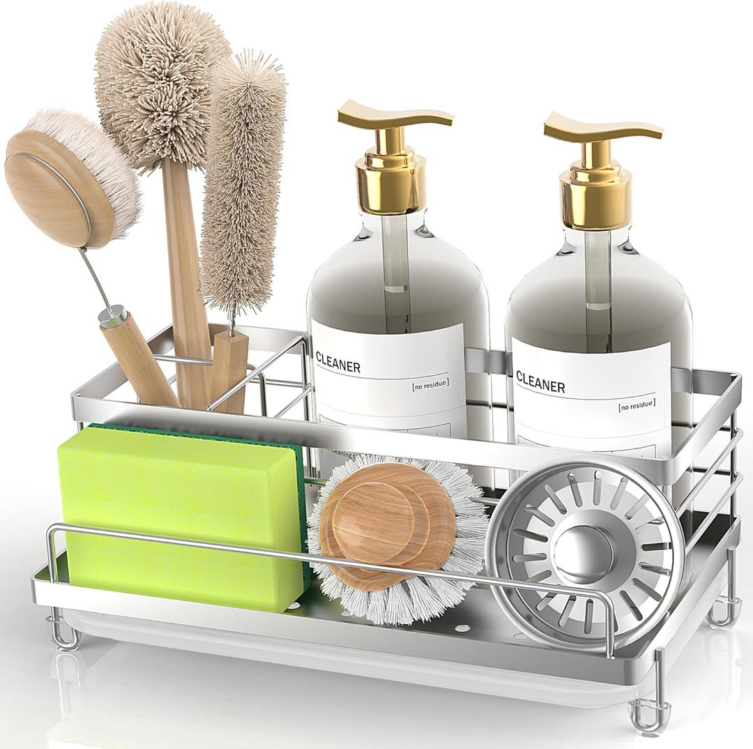 Cisily Stainless Steel Sponge Holder for Kitchen, Sink Caddy Sink Organizer Rack for Kitchen Accessories with Drip Tray, Rustproof and Non-slip, Dish Soap Dispenser Countertop Organizer (Silver)