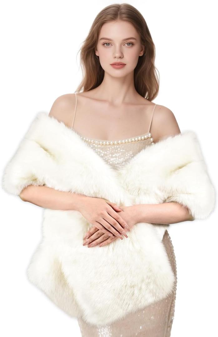 FeelfunFeather Women's Faux Fur Shawl, Long Winter Warm Scarf Shawl for Bridal Wedding Party Festive Celebrations Christmas(1.8m),White