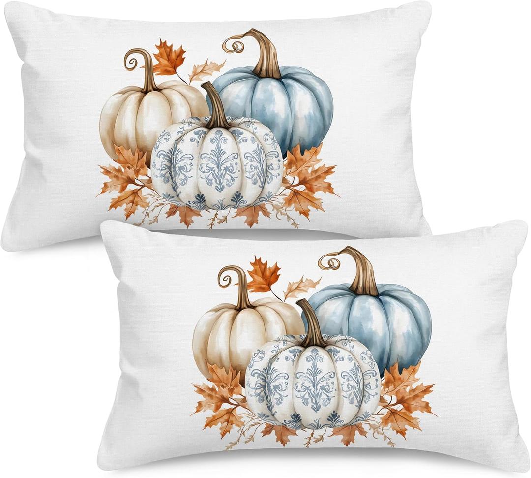 Fall Lumbar Pillow Covers 12x20 inch Set of 2 White Linen Decorative Throw Pillowcases, Double-Sided Pumpkin Print, Slightly Water-Resistant, Cushion Covers for Autumn Home Dcor