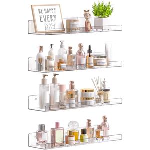 upsimples Acrylic Shelves for Bathroom Storage, 15" Floating Shelves Wall Organizer for Perfume, Make up, Skincare, Kids Bookshelf for Bedroom, Nursery, Living Room Decor, Clear, 4 Pack
