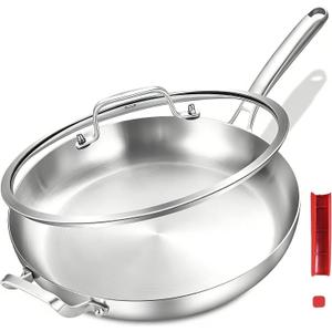 Inqibee 14-Inch Tri-Ply Stainless Steel Large Skillet with Lid,Large Frying Pan with Helper Handle,Jumbo Cooker,Induction Pan,Heavy Duty and Dishwasher Safe