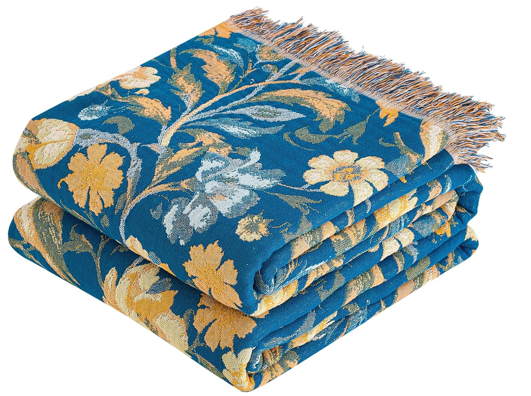 VANJOROY Boho Throw Blanket, 100% Organic Cotton Breathable Ultra Soft 60" x 80" Bed Quilt Blue Throw - All Season Bird Floral Rustic Farmhouse Decor Reversible Blanket for Couch Chair and Gift