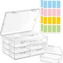 zoeynex Medium Plastic Organizer Boxes, 12 Clear Containers with Hinged Lids, for Beads, Jewelry, Crafts, Electronics, Hardware, School Supplies (32 Labels)