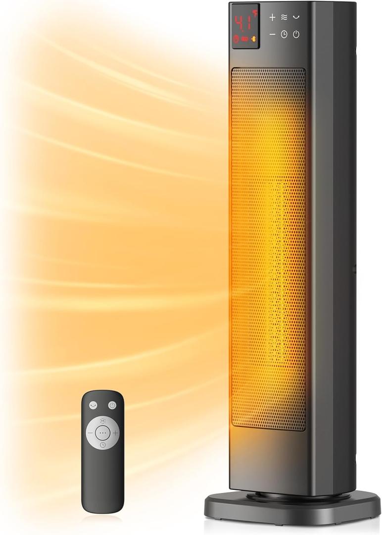 PELONIS Oscillating Ceramic Tower Indoor Space Heater for Home with Oscillation, Programmable Thermostat & ECO Mode, 12H Timer & Remote Control, Safety Protection, 23 Inches, 1500W, PHF15RSAPH23 (Black)
