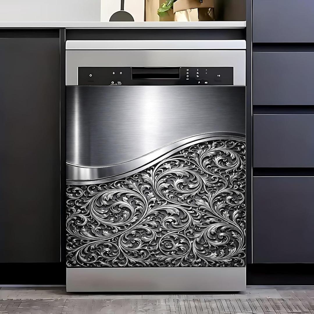 Dishwasher Magnet Cover Silver 23x26 inch, 2D Faux Metal Decorative Magnetic Dishwasher Cover, Waterproof Removable Appliance Cover Magnet for Modern Kitchen Decor, 23 inches x 25.5 inches