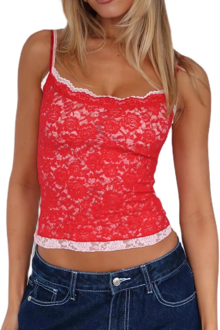 Meihuida Women Lace Top Sexy See Through Y2k Going Out Tank Camisole Summer Party Concert Streetwear Red and Pink - Small 