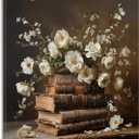 EOBTAIN Floral Book Wall Art Watercolor White Vintage Flower and Books Bathroom Canvas Wall Art Rustic Country Canvas Prints Art Home Decor for Living Room Bedroom 16x24 Inches
