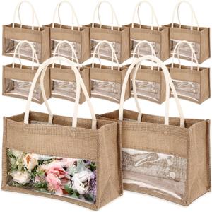 Reginary 16 Pcs Jute Tote Gift Bags Natural Burlap Grocery Shopping Bag Beach Tote with Handle for Bridesmaid Wedding Travel (Beige Trim)