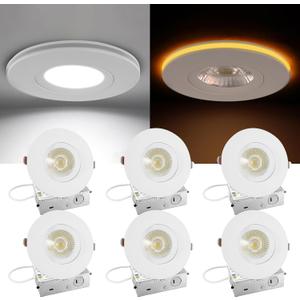 4 Inch Gimbal LED Recessed Light - with Night Light, 12W+3W 1100LM, Dimmable Canless Recessed Lighting 4 Inch, 5CCT+2000K Outdoor Soffit Lights, with Junction Box, White, 6 Pack