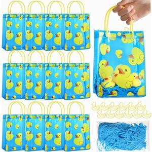 Gaillty 12 Sets Yellow Duck Gift Bag with Clips and Raffia Rubber Duck Party Supplies Plastic Treat Goodie Candy Bags for Waddle It Be Gender Reveal Baby Shower Birthday Party Supplies (Blue)