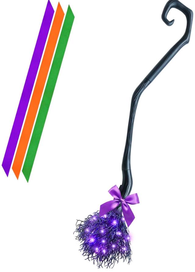 Lighted Witch Broom with LED Purple Lights Halloween Black Witches Broomstick with Ribbons Broom Props Good Witch Costume Accessories for Halloween Costume Party Decoration