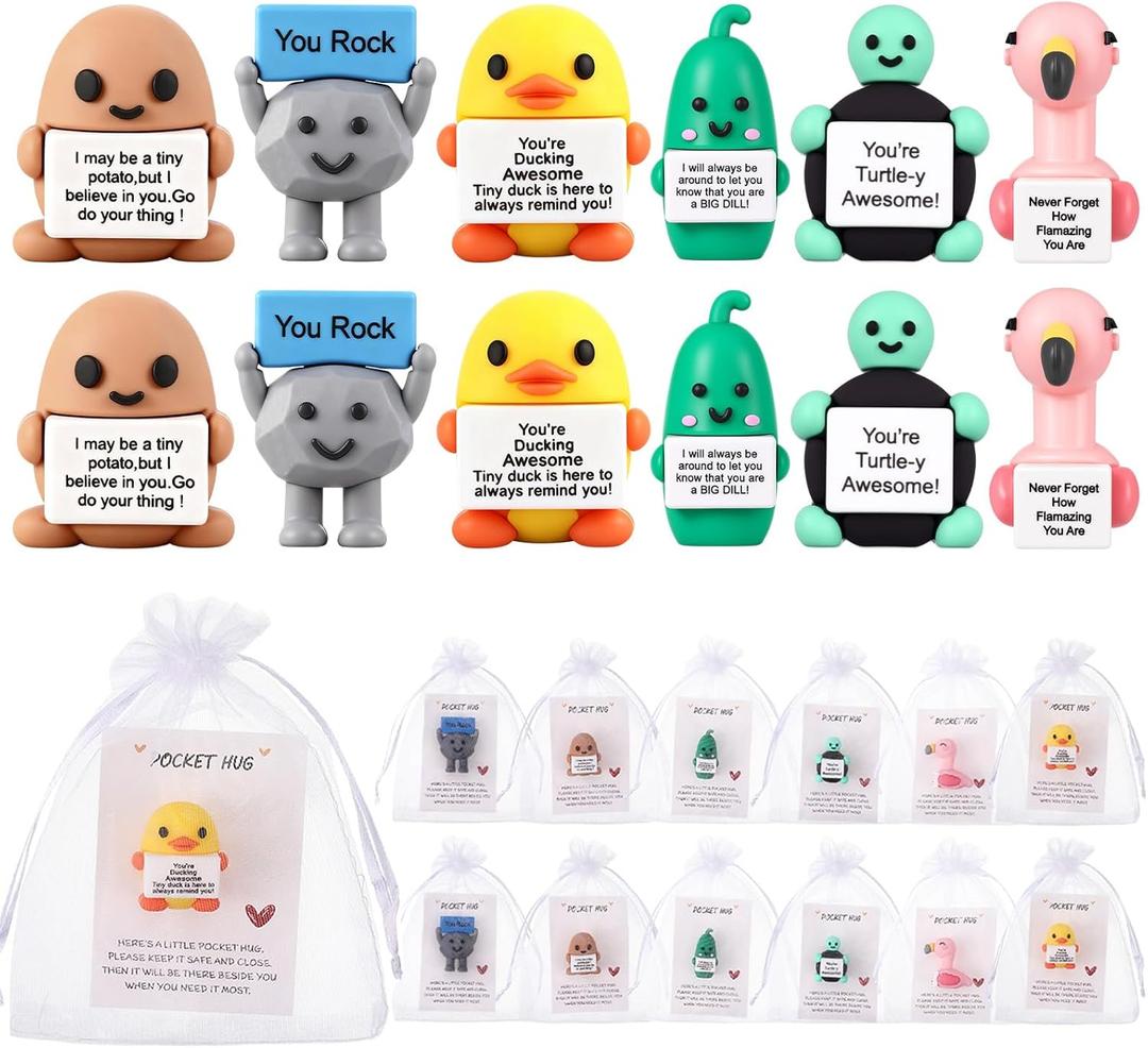 Gejoy 12 Pcs Pocket Hug Gift Set Tiny Rubber Figurines with Inspirational Message Organza Bags Glue Points Motivational Positive Gifts for Graduation Family Friends Colleagues Teachers(Classic)