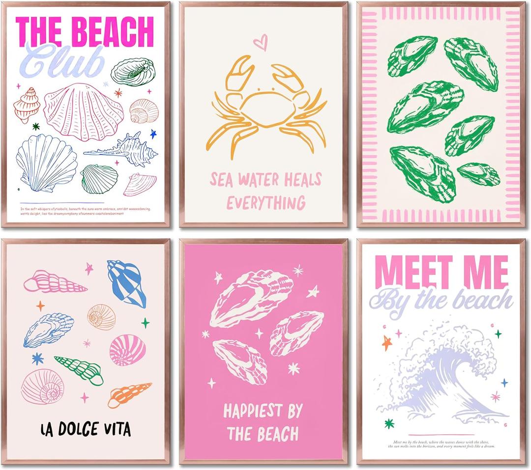 6PCS Pink Coastal Coast Canvas Wall Art Colorful Sea Shells Crab Ocean Wave Poster Print Artwork Preppy Beach Picture Painting Picture Wall Decor for Dorm Living Room Bedroom Home Decoration Unframed