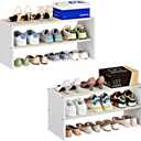 Cidaziya 2 Pack 2 Tier Small White Shoe Rack for Closet, Stackable Shoe Shelf Organizer for 9-12 Pairs of Shoes, Portable Wood and Cloth Structure, Small Shoe Storage Organizer, Size 28.5"* 11" * 13"