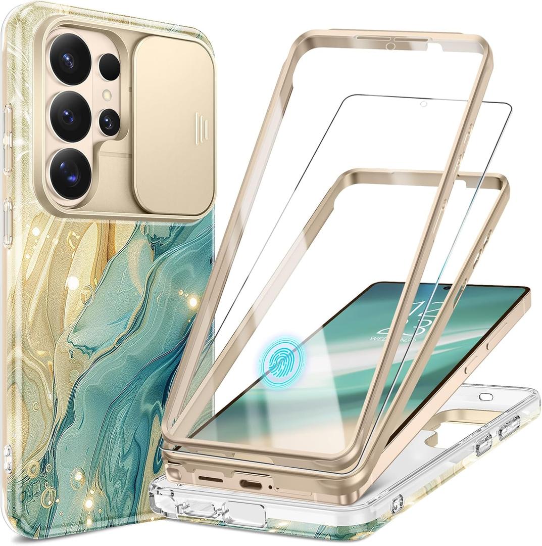 GVIEWIN for Samsung Galaxy S26 Ultra Case, [Slide Camera Cover & Built-in HD Screen Protector] [2 Front Frames] Shockproof Military Grade Protective Marble Phone Case S26 Ultra 6.9" (Glaze/Green)