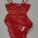 Aranmei Women Sexy Lingerie Bodysuit Lace Teddy Snap Crotch V Neck Cut Out One Piece Babydoll Underwire (Large, Red)