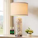 RORIANO Rustic Farmhouse Table Lamps for Living Room Bedroom, Vintage Bedside Lamp with Dual USB Port, Antique White Resin Retro Nightstand Lamps with Night Light, Bulbs Include (1 Pack-Wash White)