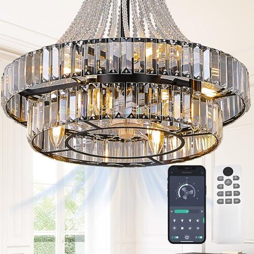 HEMLDAN 20" Double Layer Crystal Caged Ceiling Fan with Light, Modern Chandelier Smart Fandelier for Dining Living Room Bedroom FCC Remote/APP Control Italian Design (Crystal, 20IN)
