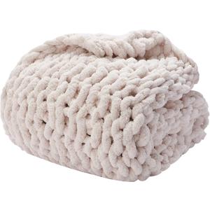 Alzoear Chunky Knit Throw Blanket Chenille Handmade Cozy Warm Blanket for Sofa Bedroom Home Decor (Beige,40"x40")