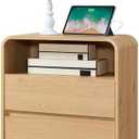 Modern Nightstand, 25" Tall Wood Bedside Table with Charging Station, 3 Drawers Dresser Side Table, Large End Table Night Stand for Bedroom, Office, Sofa, Curved Profile Design, Natural