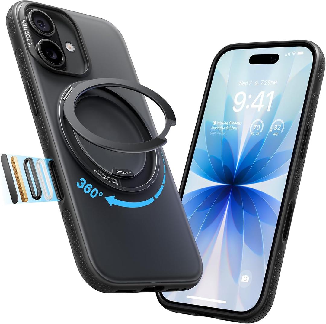 TORRAS 360 Magnetic Stand for iPhone 17 Case, [Rotatable Sturdy Kickstand][Fit for MagSafe][4X Mil-Grade Shockproof] Slim Translucent Phone Cover, Camera Button, Obsidian Black, Ostand O3 Fitness