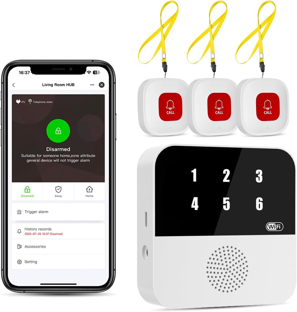 PILSAMSA WiFi Caregiver Pager Wireless Call Button with Flashing Caller ID & App Alerts, 3 Waterproof Panic Button, Medical Alert Systems for Seniors No Monthly Fee, Alert Button for Seniors at Home