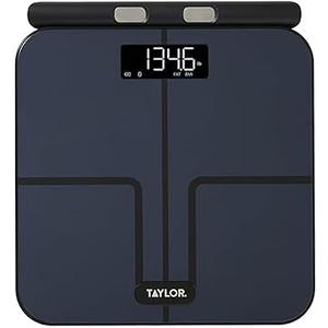 Taylor Smart Total Body Composition Scale with Precision Hub App, Retractable Handle, 11.8" x 11.8" Glass Platform, Vanishing 0.9" LED Display, 440 lb Capacity, 8 Contact Points, Black