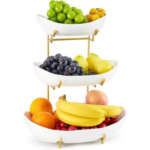 Ceramic Fruit Bowl for Kitchen Counter - 3 Tier Fruit Basket with Metal Stand, Tiered Fruit Stand for Countertop, Snack, Nuts, Cake, Dessert, Cute (Gold, Large)