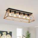 31.5" Flush Mount Ceiling Light Fixture, 5-Light Vintage Industrial Cage Chandelier for Dining Room, Kitchen Island, Living Room, Dimmable Semi Flush Mount Close to Ceiling Lighting, Walnut Finish