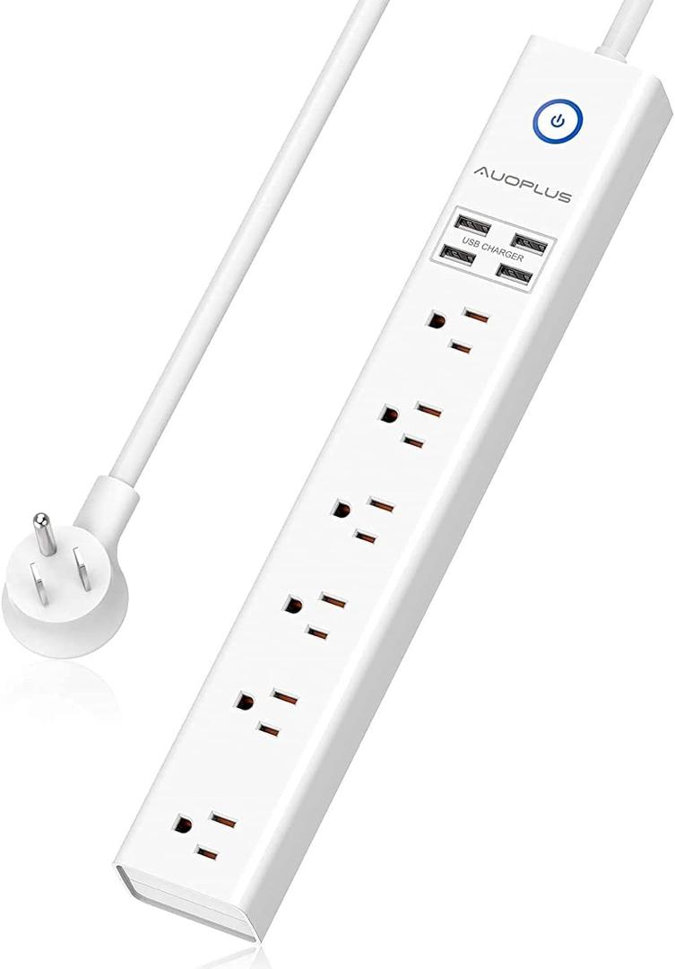 Power Strip 10Ft - Surge Protector with USB, AUOPLUS 6 Outlet and 4 USB Charger, 10Ft Long Extension Cord Flat Plug(1250W/10A/2100J), Wall Mountable Overload Protection for Computer Home Office Dorm (10ft, White)