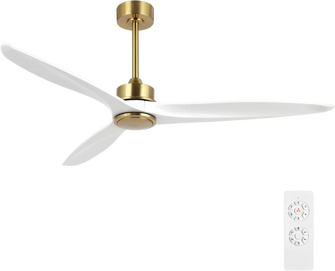 WINGBO 60 Inch DC Ceiling Fan without Lights, 3 Reversible Carved Solid Wood Blades, 6-Speed Noiseless DC Motor, Ceiling Fan No Light with Remote, Brass Finish with White Blades