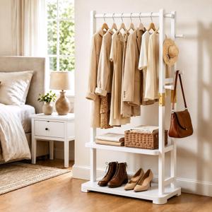 Solid Wood Clothes Rack with 2 Shelves & 4 Hooks for Hanging Clothes Garment Wallets Hats, White Clothing Rack Heavy Duty Coat Rack Freestanding with Storage Hall Tree for Hallway Bedroom Living Room