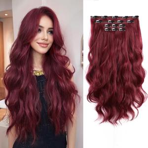 Clip in Extension 22 Inch Long Wavy Synthetic Seamless Curled Clips on Hair Extensions 4PCS Hairpieces Soft and Not Easily Knotted for Women Burgundy
