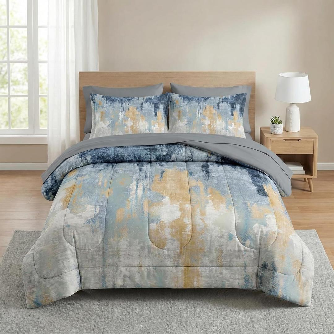 Nesker 7 Pcs Comforter Set King Size, Abstract Oil Painting Bedding Set for Kids and Adults, Navy Blue Gray Gold White Bed Sheet Sets with Fitted Sheet 2 Pillowcases & 2 Shams