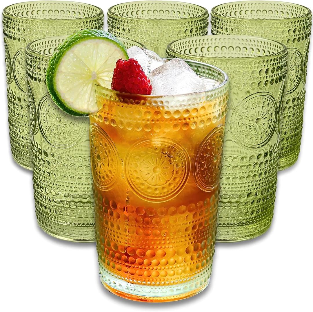 Hobnail Beaded Floral Green Drinking Glasses Set of 6, (13 oz) Vintage Glassware Set by Kate Aspen| Cocktail Glass Set, Juice Glass, Water Cups | Great Hostess Gift & Gift for New Home Owners