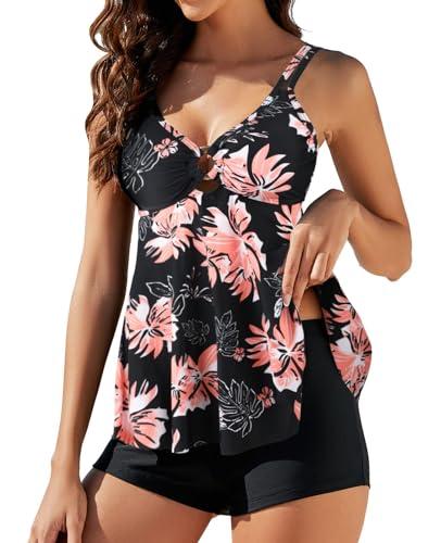 SEAFORM Women's Tankini Swimsuits Two-Piece Tummy Control Bathing Suits V-Neck Printing Swim Dress for Women with Boyshorts, Size L