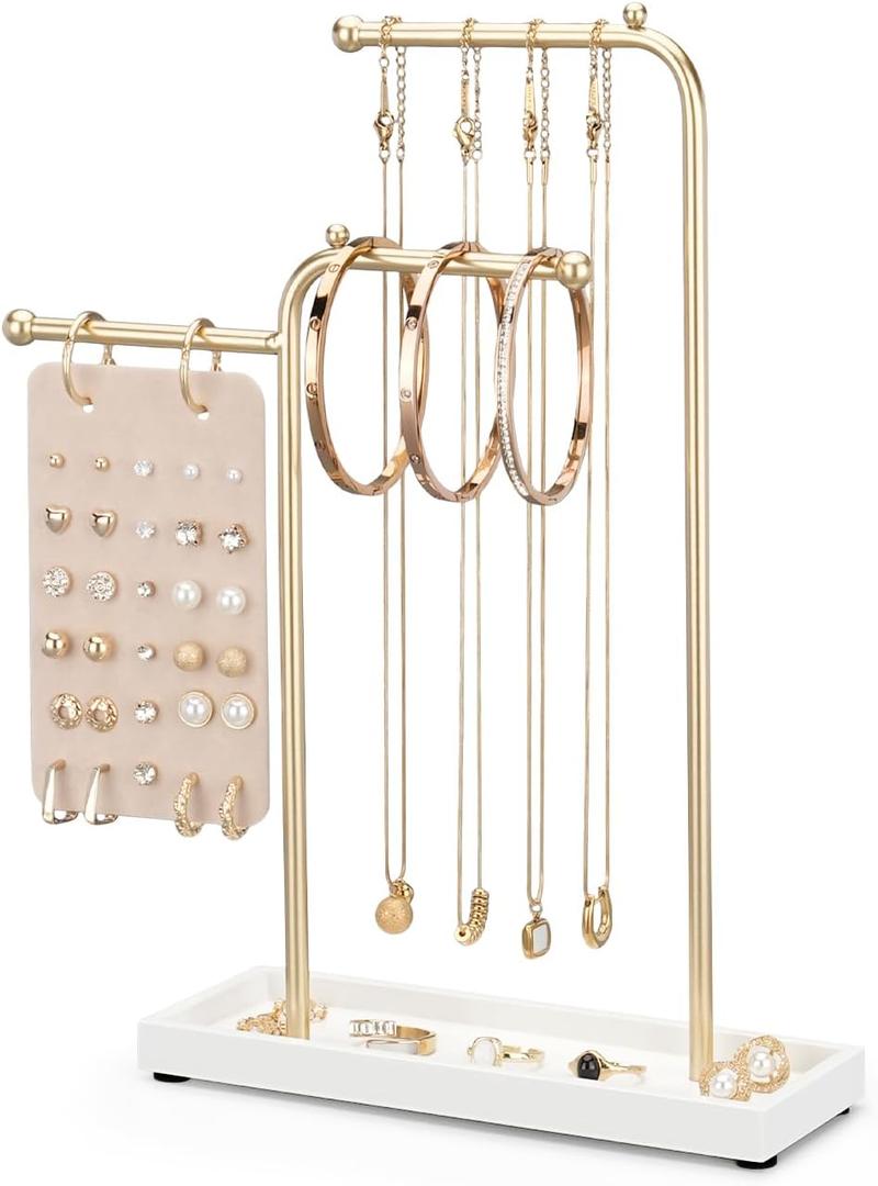 Jewelry Stand Organizer with Metal Frame and Velvet Tray, Jewelry Holder for Women, White Necklace Organizer (T28)