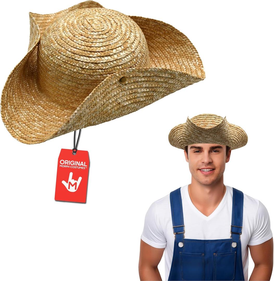 Nicky Bigs Novelties Morph Adult Straw Tricorn Hat Adjustable Colonial, Pirate, & Southern Wide-Brim Hat for Men & Women Gardening, Outdoor Work, Historical Reenactment, Cosplay, & Costume Accessory