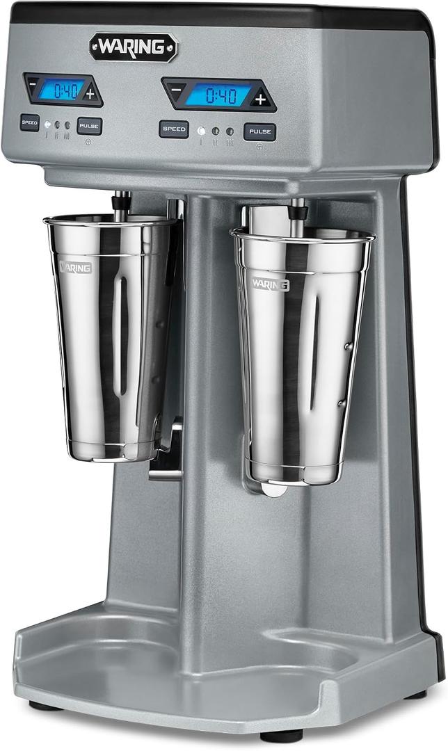 Waring Commercial WDM240TX Heavy-Duty Double Spindle Drink Mixer, Each Spindle Has Independent 1hp Motor, with Countdown Timer, Digital Display, Automatic Start/Stop, 120V, 5-15 Phase Plug, Silver