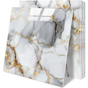 10 Sheets Marble Peel and Stick Backsplash Tile, 12"x12" Waterproof PVC Self Adhesive Tile Shower Wall Panels for Bathroom, Kitchen, Living Room (Metallic White)