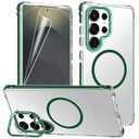 FZXSOGY for Samsung Galaxy S25 Ultra Case, Compatible with MagSafe Wireless Charger, Shockproof Clear Phone Case & Built-in Ring Holder Kickstand with Soft TPU Screen Protector [Green]