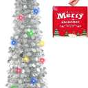 MACTING Christmas Pop up Tree with 50 LED Lights Timer 5FT Silver Collapsible Tinsel Pencil Tree Easy-Assembly Coastal Glitter Artificial Tree for Porch Apartment Corner Home Party Xmas Decorations