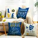 Hanukkah Throw Pillow Covers 18x18 inch Set of 4, Menorah Dreidel Star of David Decorative Pillow Cases for Couch Sofa